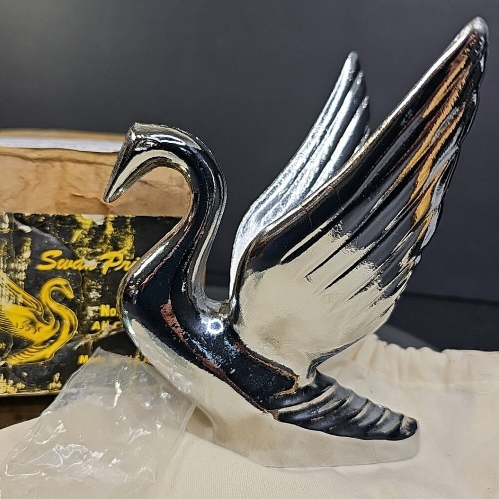NOS Swan Prince No. 1038 Chrome Hood Ornament With original Box And Screws USA